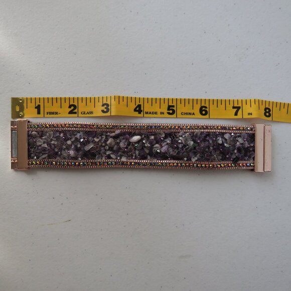 Natural Amethyst Chips Rhinestones Suede Leather Magnetic Clasp Bracelet - Picture 13 of 15